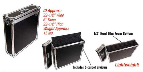 22" Cymbals ATA Case
1/4" ATA Construction
All Recessed hardware
Heavy Gauge Ball Corners
All Aluminum Bound
Interior Completely Poly Foam Lined